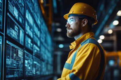 Μηχανικός με κράνος επιβλέπει τα σχέδια κατασκευής