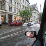 Flooded road in Nuremberg after severe thunderstorms in Bavaria