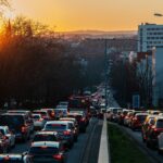Long lines of cars on Bavarian autobahn near Munich during holiday return traffic