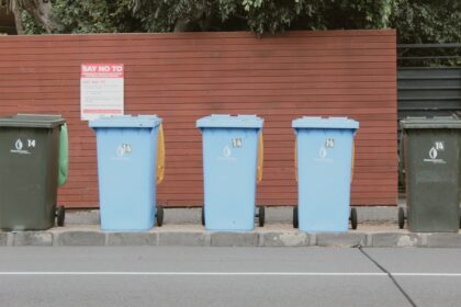 Waste collectors inspecting brown bio-bins in a German residential street