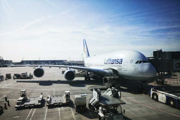 Lufthansa airplane Airbus A380 in Frankfurt's airport