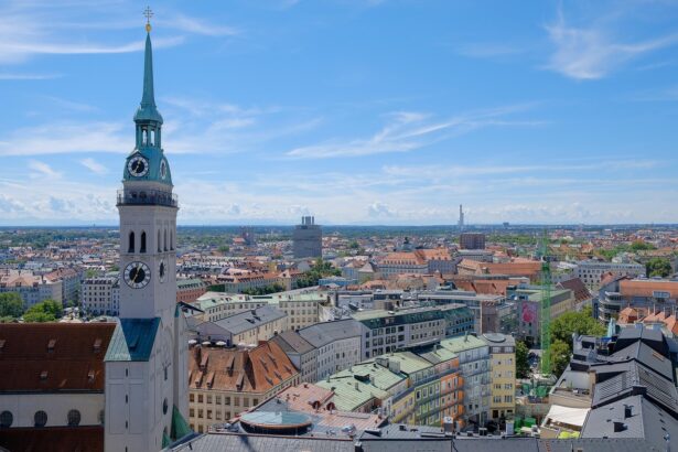 Residential apartment blocks in Munich with city skyline view