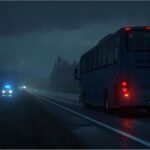 Police vehicles next to a parked tour bus on the A93 motorway in Bavaria at night