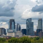 Modern office buildings in Germany under cloudy sky symbolizing economic slowdown