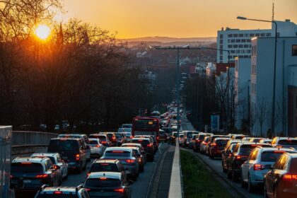 Heavy traffic on the A8 motorway near Munich during autumn holidays