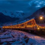 Christmas-decorated night train crossing snowy Alpine landscape between Italy and Germany