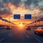 European highway with EU flags symbolizing new cross-border driving laws