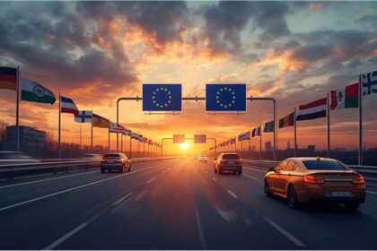European highway with EU flags symbolizing new cross-border driving laws