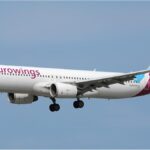 Eurowings airplane taxiing at Nuremberg Airport before takeoff
