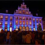 Illuminated town hall in Gengenbach with Advent calendar windows during Christmas season