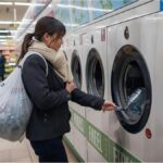 Man with bag of empty bottles at recycling machine in German supermarket