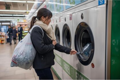 Man with bag of empty bottles at recycling machine in German supermarket