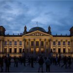 German and EU flags waving in front of the parliament building