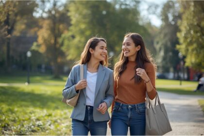 Happy people walking in a city park in Germany reflecting high life satisfaction