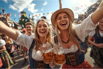 Green urban park in Kassel with people walking under autumn trees
