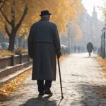 Elderly man in business clothes walking through Munich city center