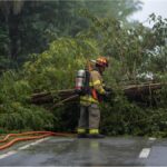 Firefighters removing fallen tree from street during storm Joshua in Germany