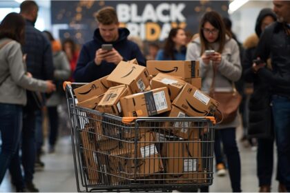 Amazon boxes and Black Friday signs in a shopping mall during sales week 2025