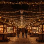 Traditional Christmas market in Germany with wooden stalls and lights