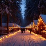Visitors walking through the illuminated forest Christmas market in Halsbach