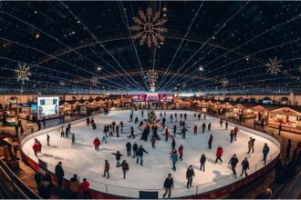 Visitors enjoy Munich Airport’s 25th Christmas market with an ice rink and festive lights under Europe’s largest covered plaza