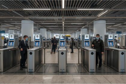 Passenger at Munich Airport using facial recognition as part of EU’s new Entry/Exit System.