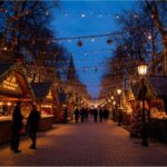 Christmas market in Munich with illuminated stalls and visitors enjoying the early festive season