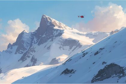Rescue helicopter flying above a snowy mountain ridge in the Ortler Alps in South Tyrol