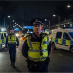 Emergency vehicles and police officers outside a railway station in England